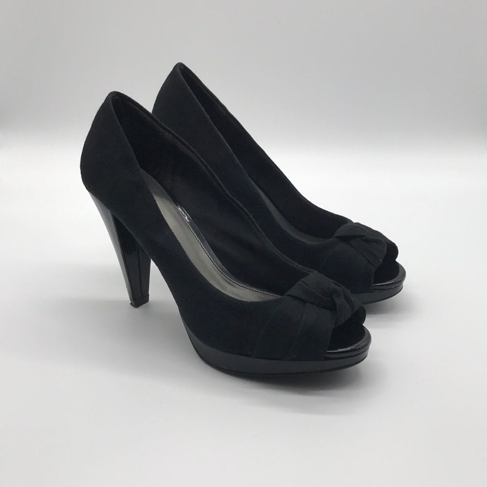 Fioni Black Pumps Heels Women's Shoes Sz 8W Open Toe Tie Detail